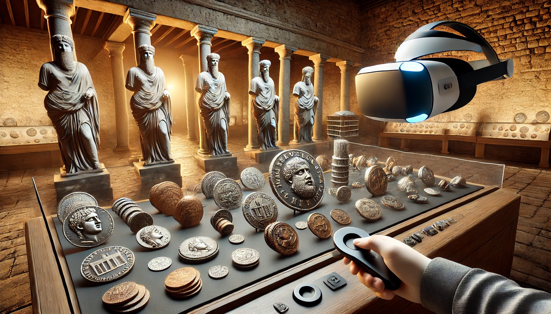 detailed, high-resolution 3D models of Roman, Greek, and Egyptian coins set against stone walls and soft lighting. A VR headset and hand controls are visible during virtual exploration experience.