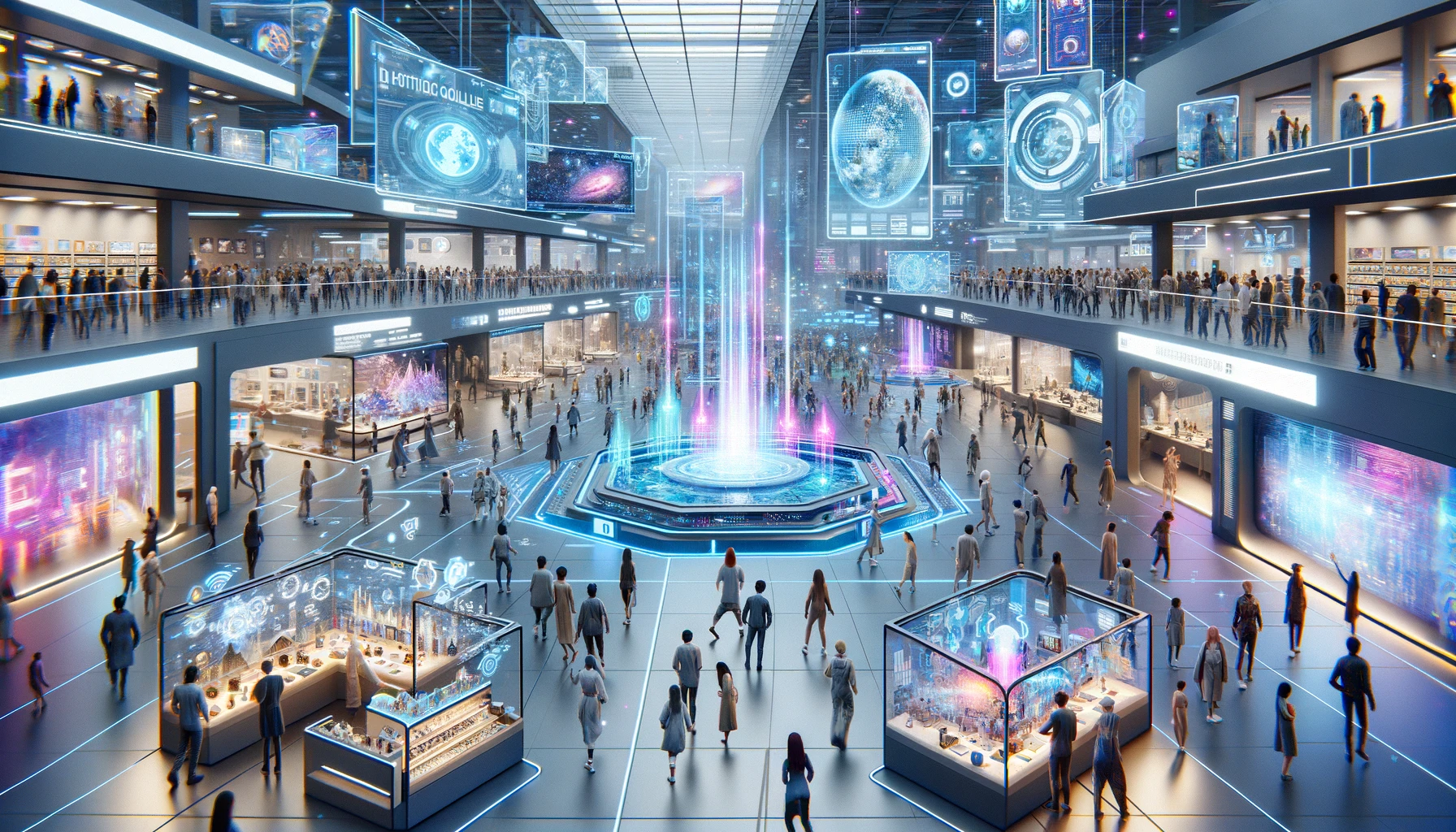 a bustling metaverse scene featuring users interacting with NFT collectibles, digital art galleries, and virtual real estate.
