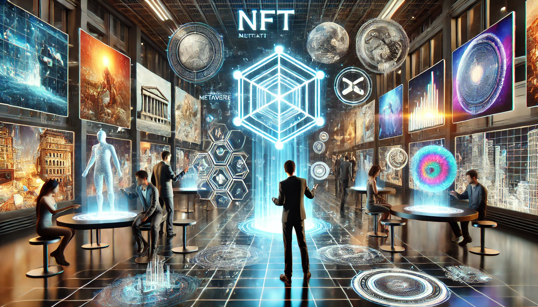 a high-tech metaverse gallery showcasing NFT digital art and virtual assets.