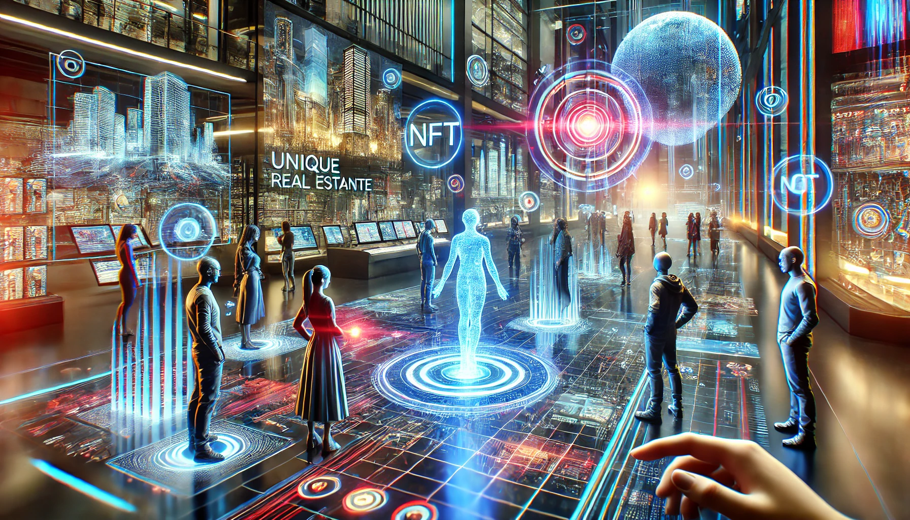 people engaging in a futuristic metaverse environment, featuring holographic displays, virtual real estate models, and digital art installations.