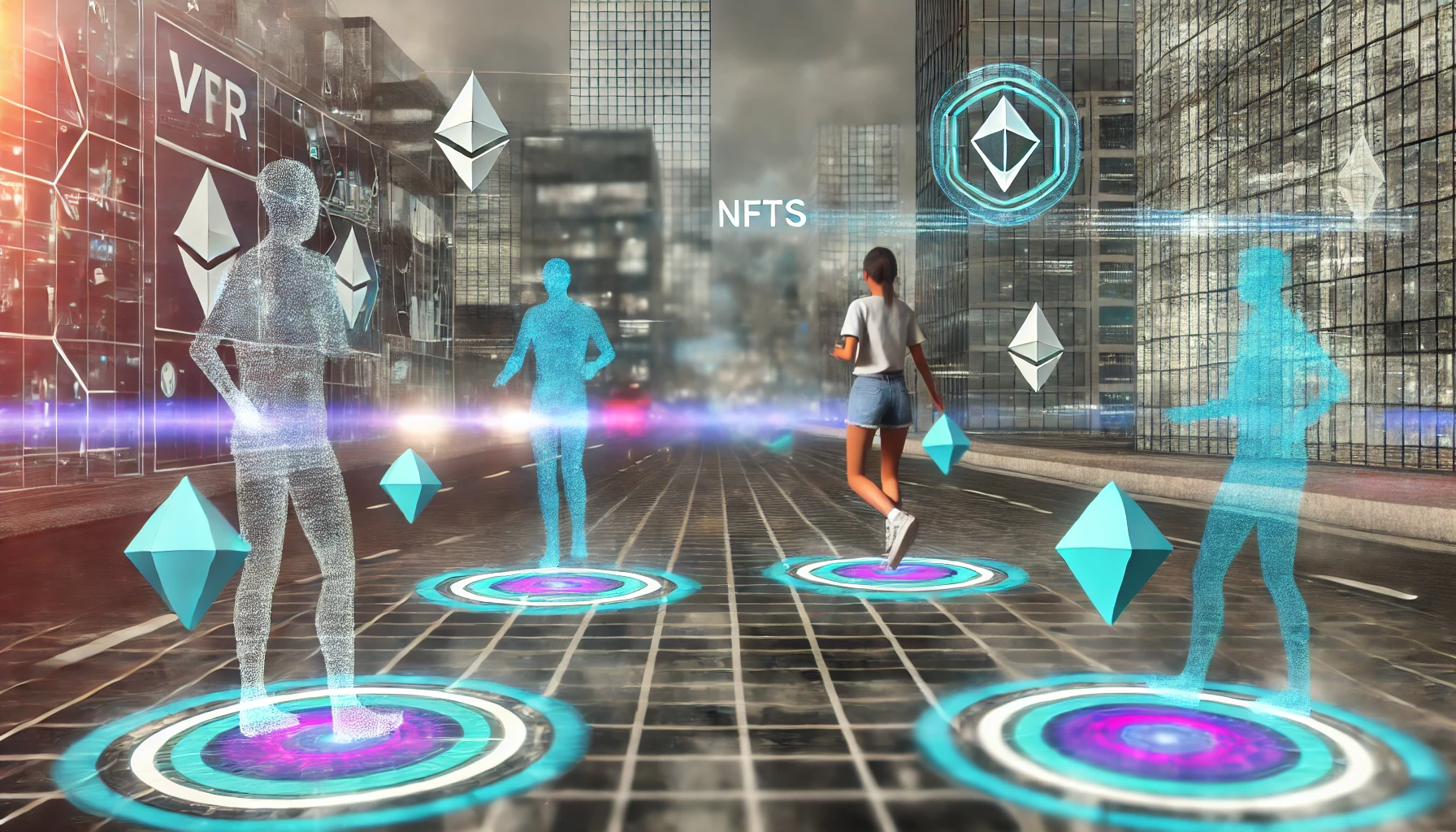 a futuristic digital landscape where virtual reality (VR) and augmented reality (AR) merge.
