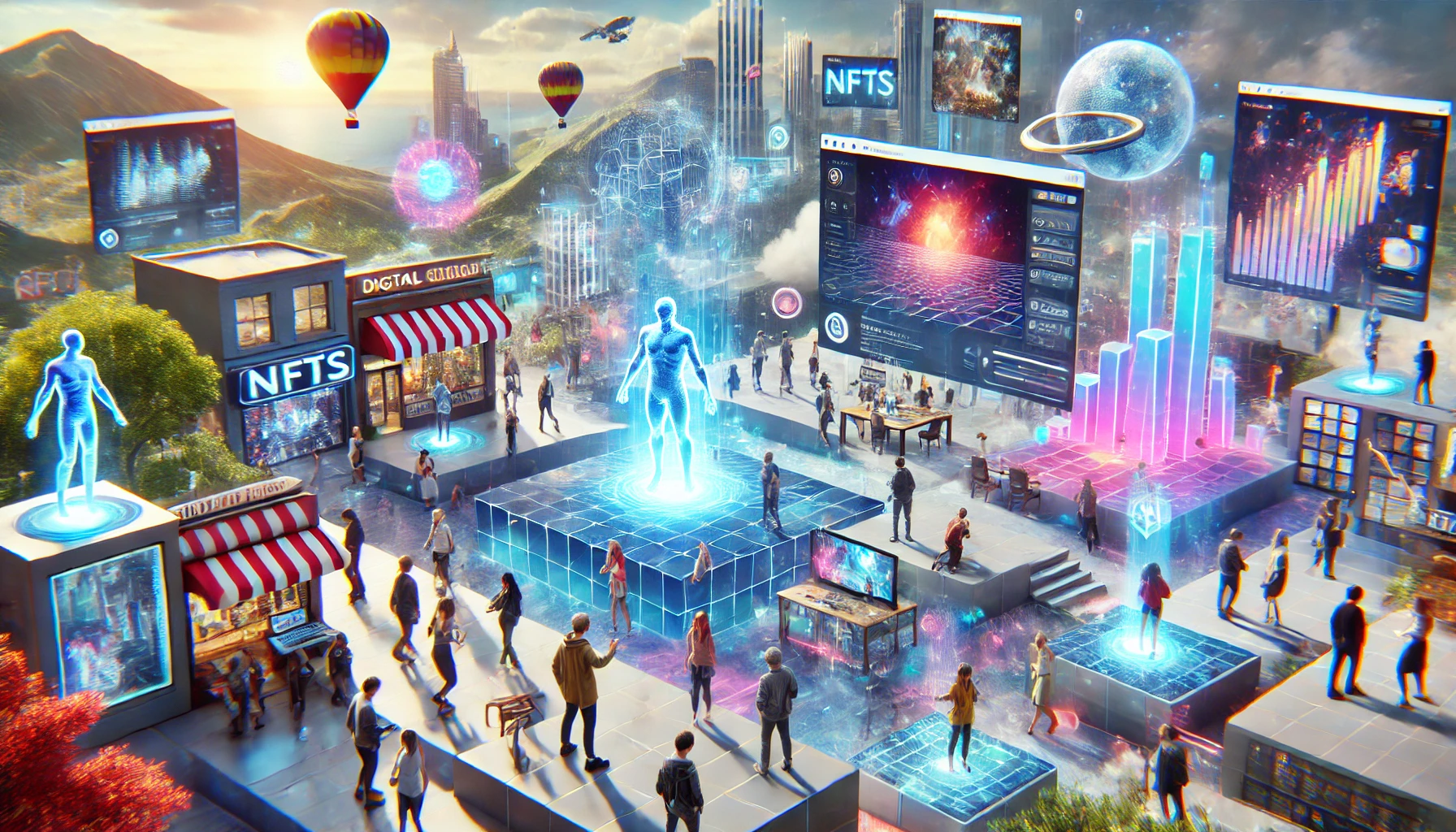 a digital landscape with avatars interacting in a virtual metaverse environment.