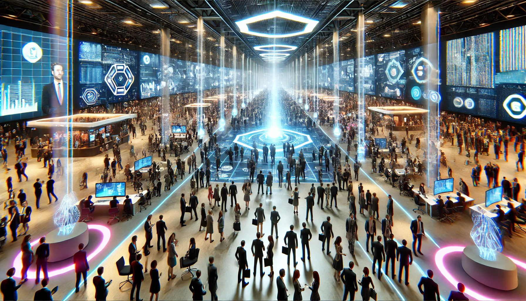 A photorealistic virtual event in the metaverse featuring hundreds of attendees represented by avatars.