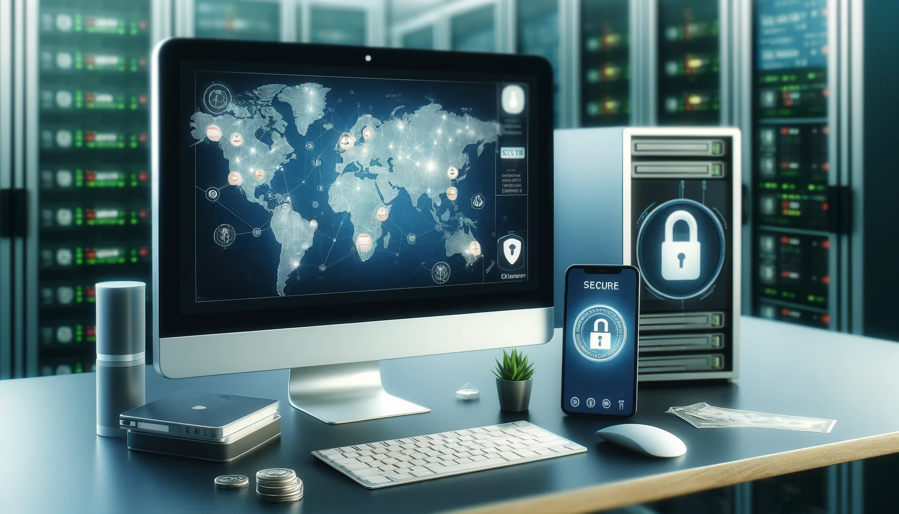 A secure and modern digital workspace, including a desktop computer with the map and geolocation markers on it and a smartphone showing a cryptocurrency app.