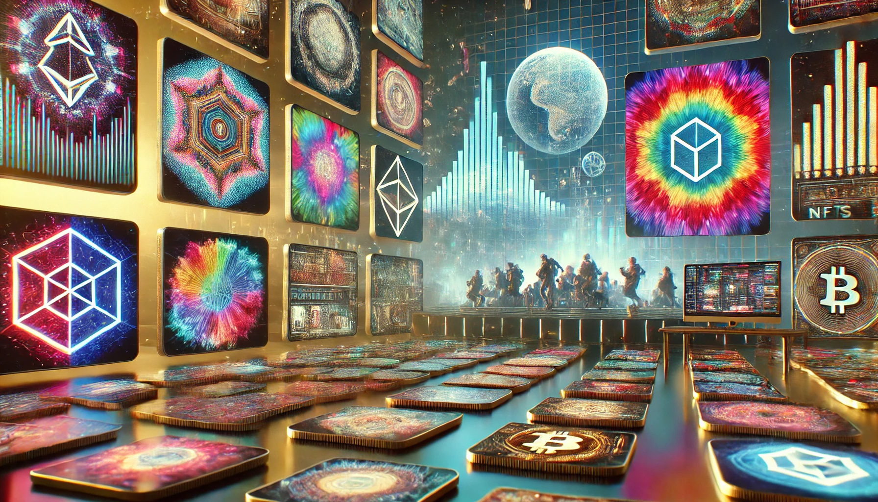 he concept of NFTs in digital art and music. The scene includes a diverse array of digital screens displaying vibrant and abstract NFT artworks, each with unique patterns and colors, symbolizing their uniqueness and non-fungibility.