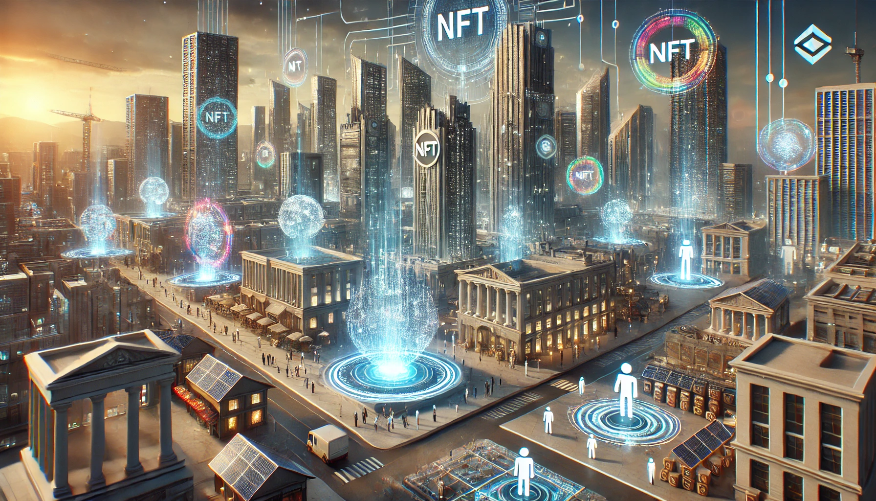 a virtual real estate scenario influenced by NFT technology. The scene portrays a futuristic cityscape with towering digital buildings and interactive holographic ads.