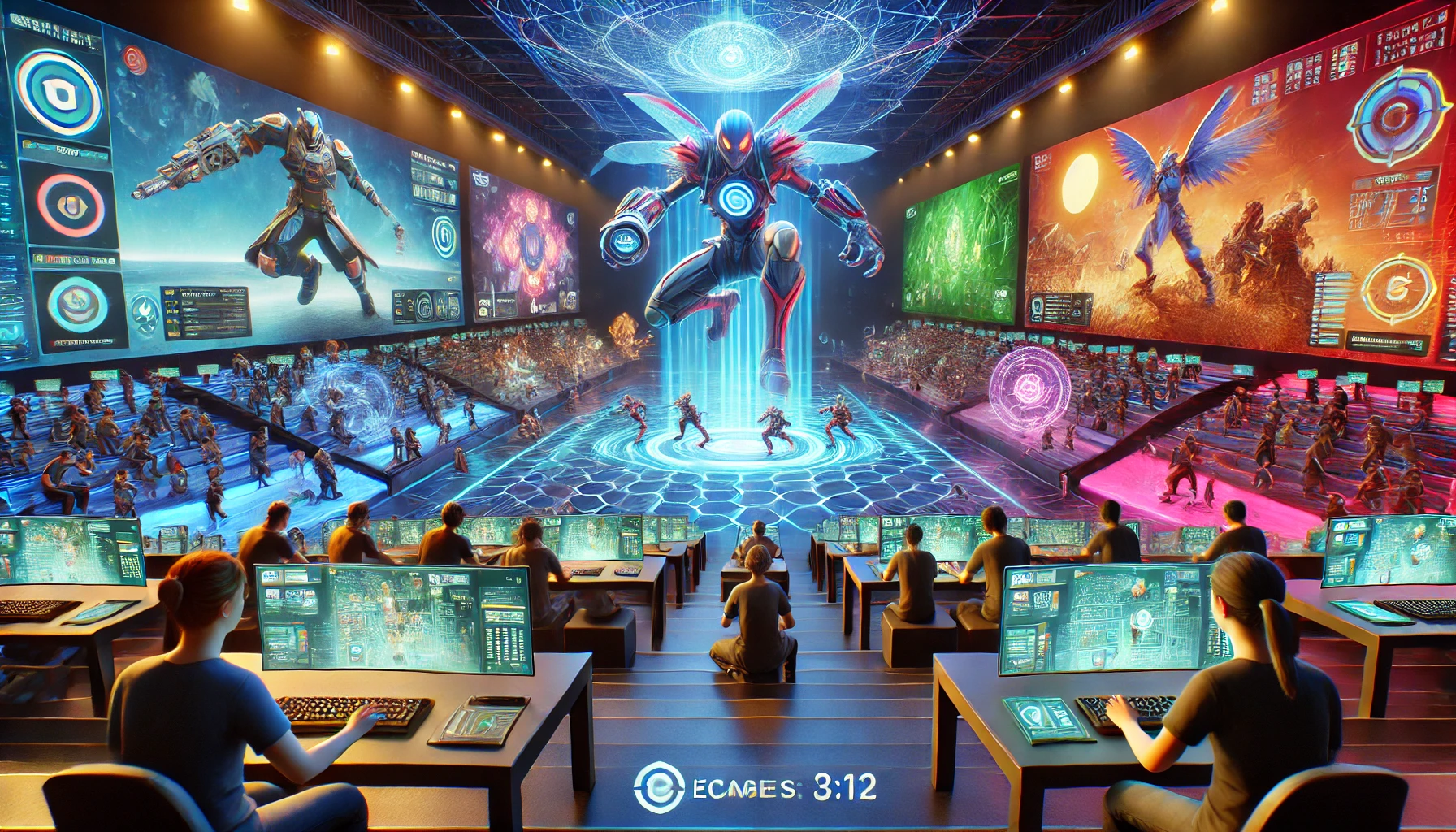 a virtual gaming environment influenced by NFTs. The scene portrays a vibrant, interactive gaming arena with players engaged in a high-stakes virtual battle.