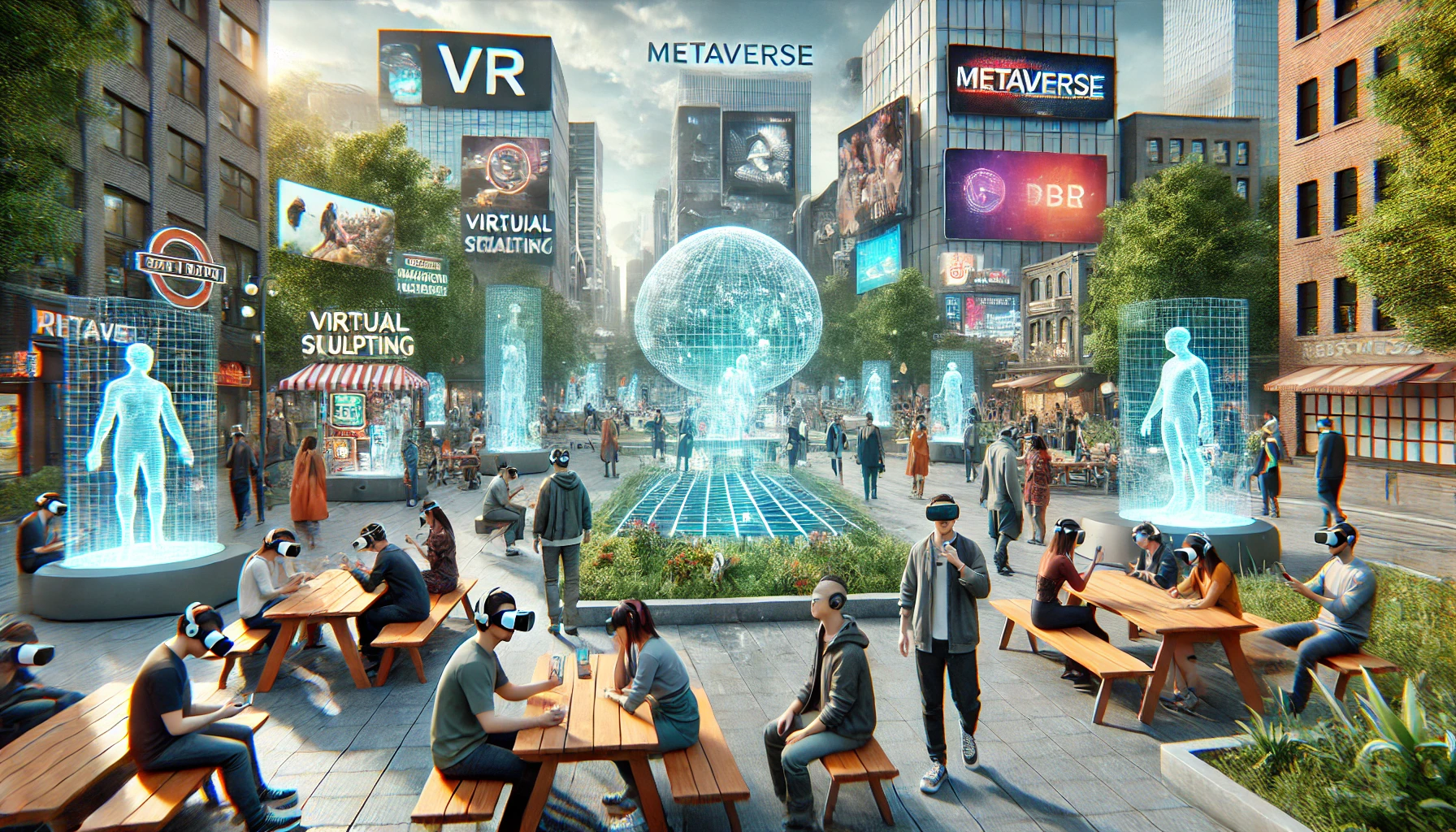 a bustling metaverse environment where virtual and physical realities merge, featuring people engaging with AR and VR technologies in a city park setting