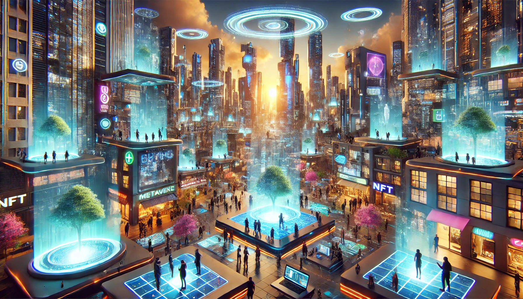 a futuristic virtual real estate scenario within the metaverse, featuring a vibrant digital cityscape and a bustling marketplace.