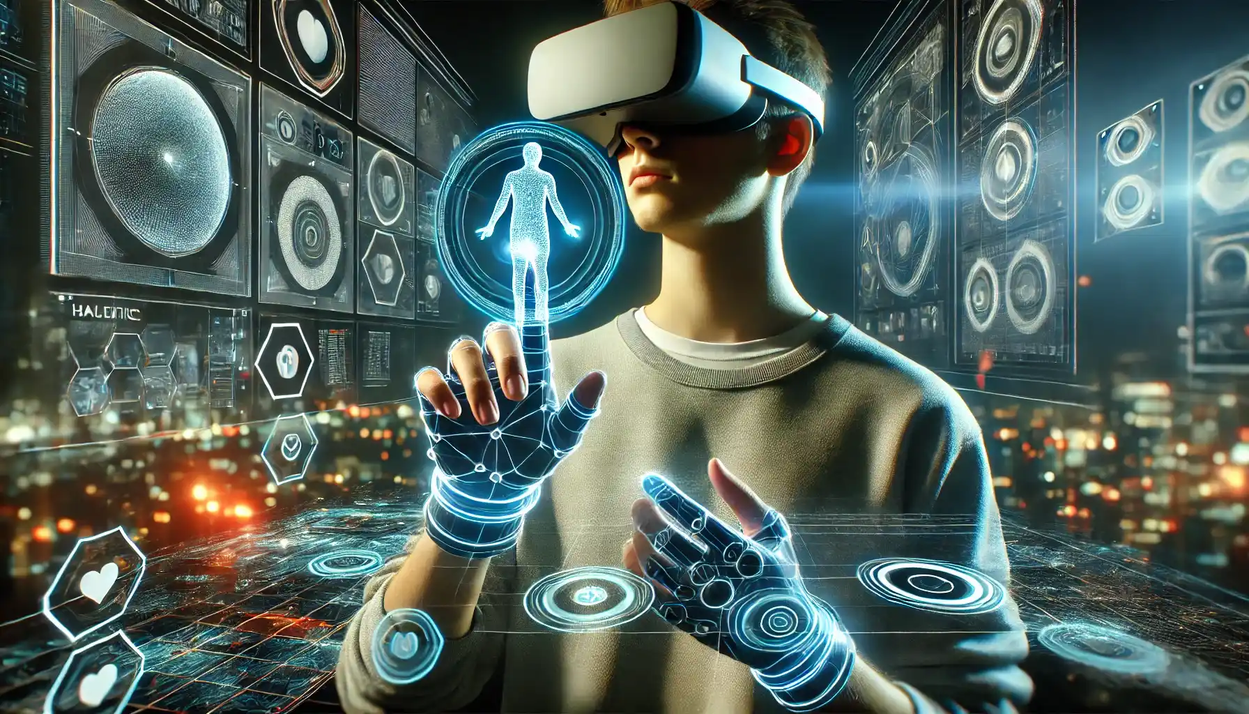 A person is wearing a VR headset and haptic gloves, interacting with digital objects in the metaverse.